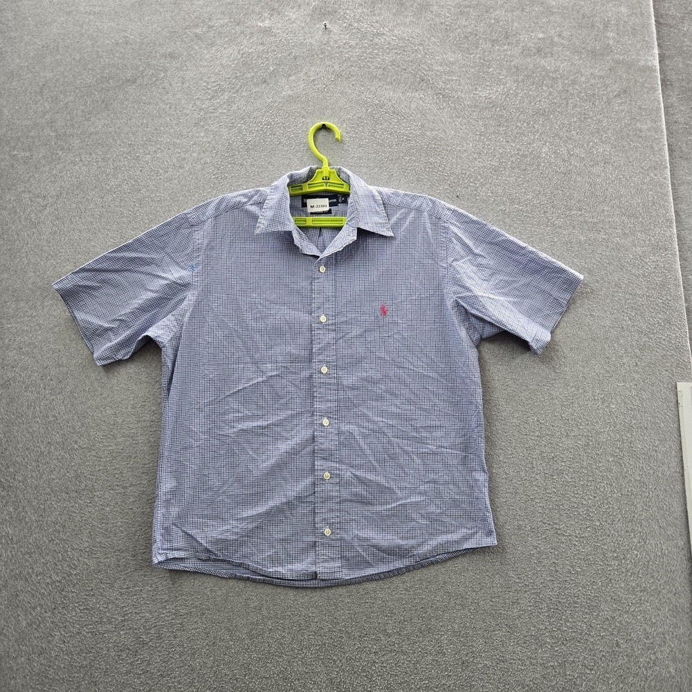Ralph Lauren Men Button Up Shirt S Blue Embroidered Tartan Plaid Classic Y2K